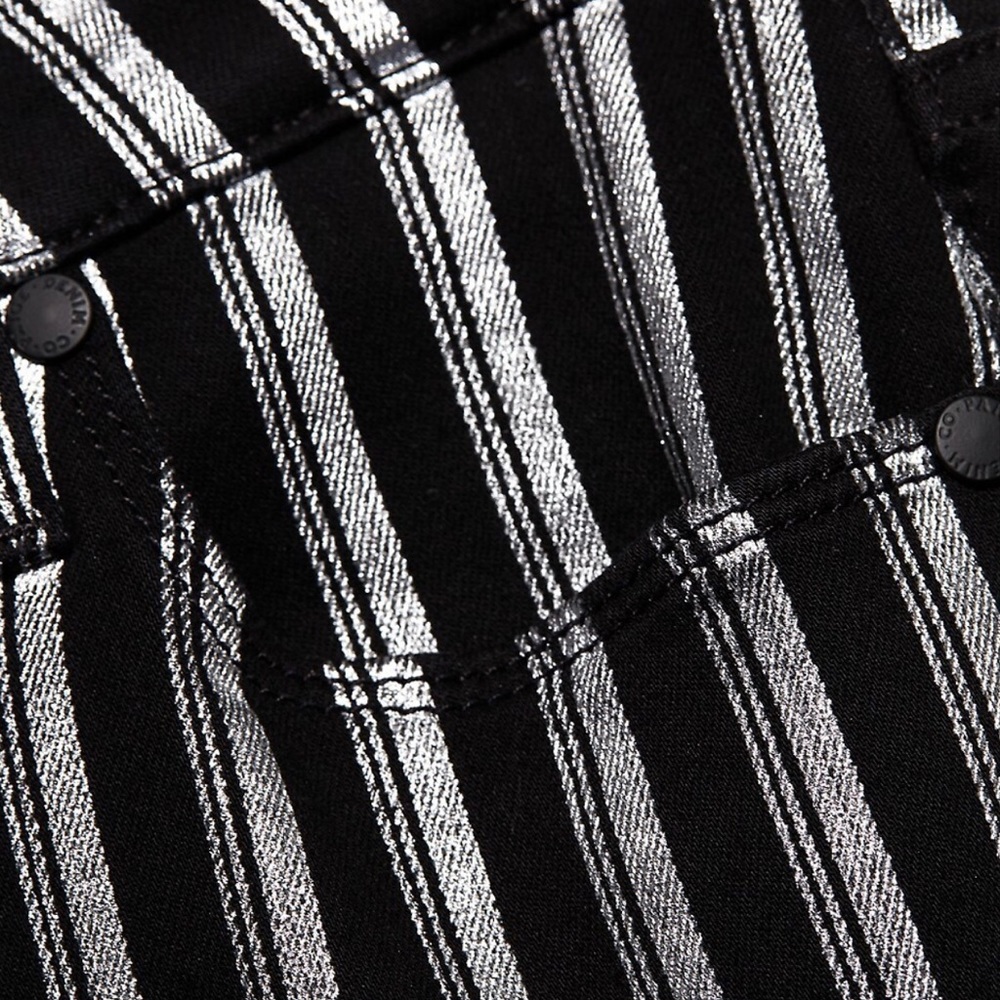 PAIGE Colette Crop Flare Metallic Striped Jeans w Raw Hem Silver Black Stripe 25 - Picture 12 of 14